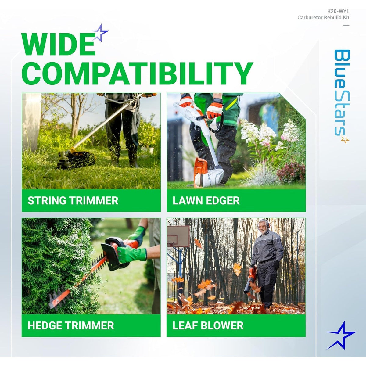 Infographic showing wide compatibility of K20-WYL carburetor rebuild kit with string trimmers, edgers, and blowers.