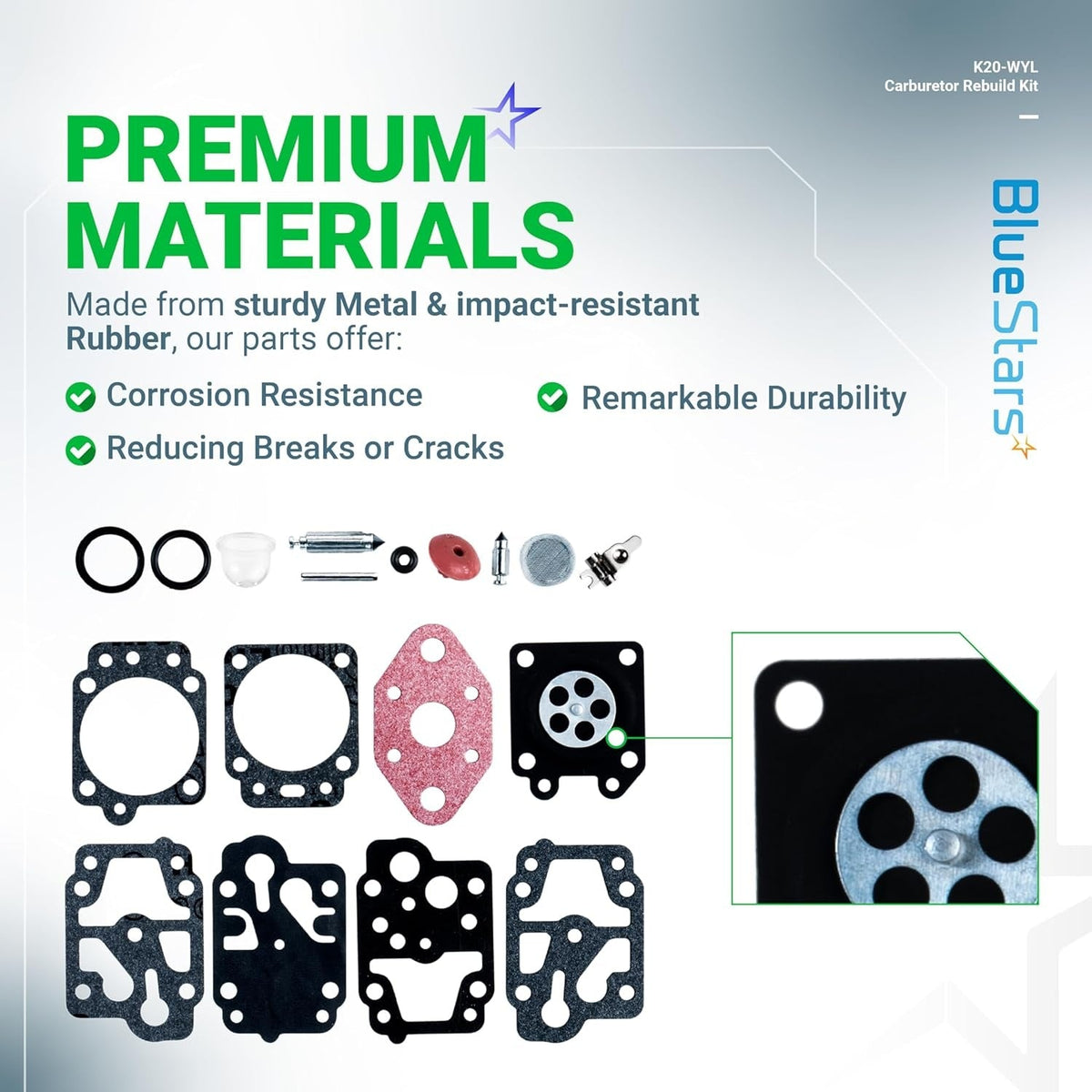 K20-WYL carburetor rebuild kit components including gaskets, diaphragms, and primer bulb with material quality callout.