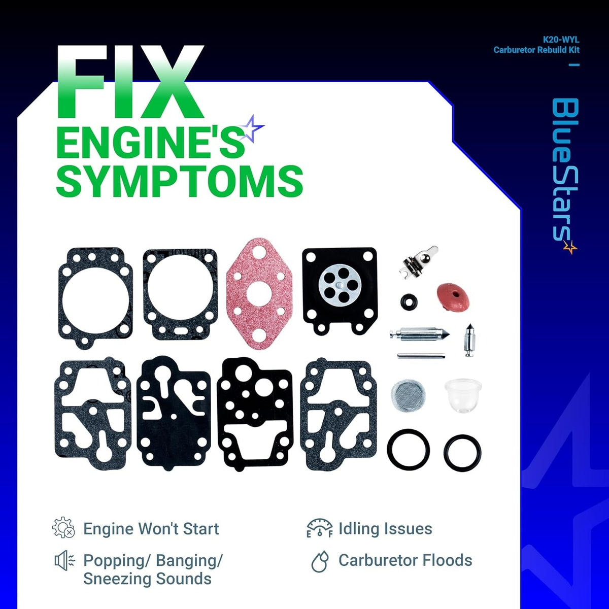K20-WYL carburetor rebuild kit components including gaskets, diaphragms, and primer bulb for Zama WYL series carburetors.