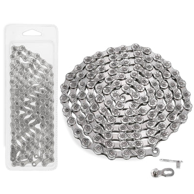 9-speed bike chain with 116 links, retail packaging, and quick link connector.