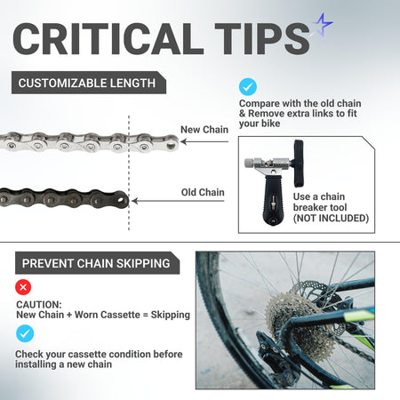 Infographic showing installation tips for 9 speed bike chain, including length adjustment and cassette compatibility.