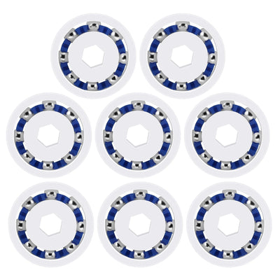 Pack of 8 replacement wheel ball bearings for Zodiac Polaris pool cleaners with white and blue circular design.