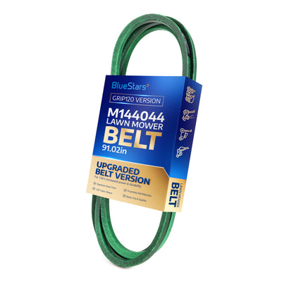 M144044 green lawn mower drive belt in branded BlueStars packaging for John Deere tractors.