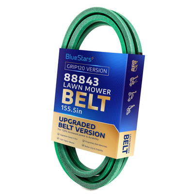 88843 green lawn mower drive belt, 155.5 inch replacement belt in BlueStars branded packaging.