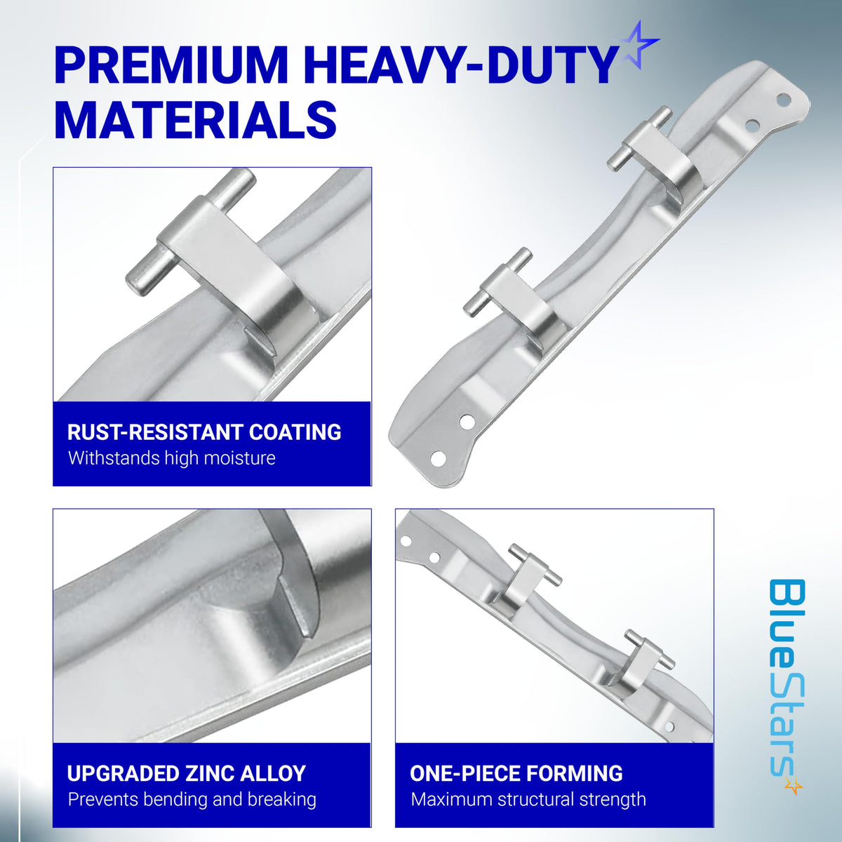 W10208415 dryer and washer door hinge showing heavy-duty zinc alloy construction and rust-resistant coating details.