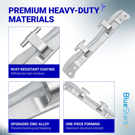 W10208415 dryer and washer door hinge showing heavy-duty zinc alloy construction and rust-resistant coating details.