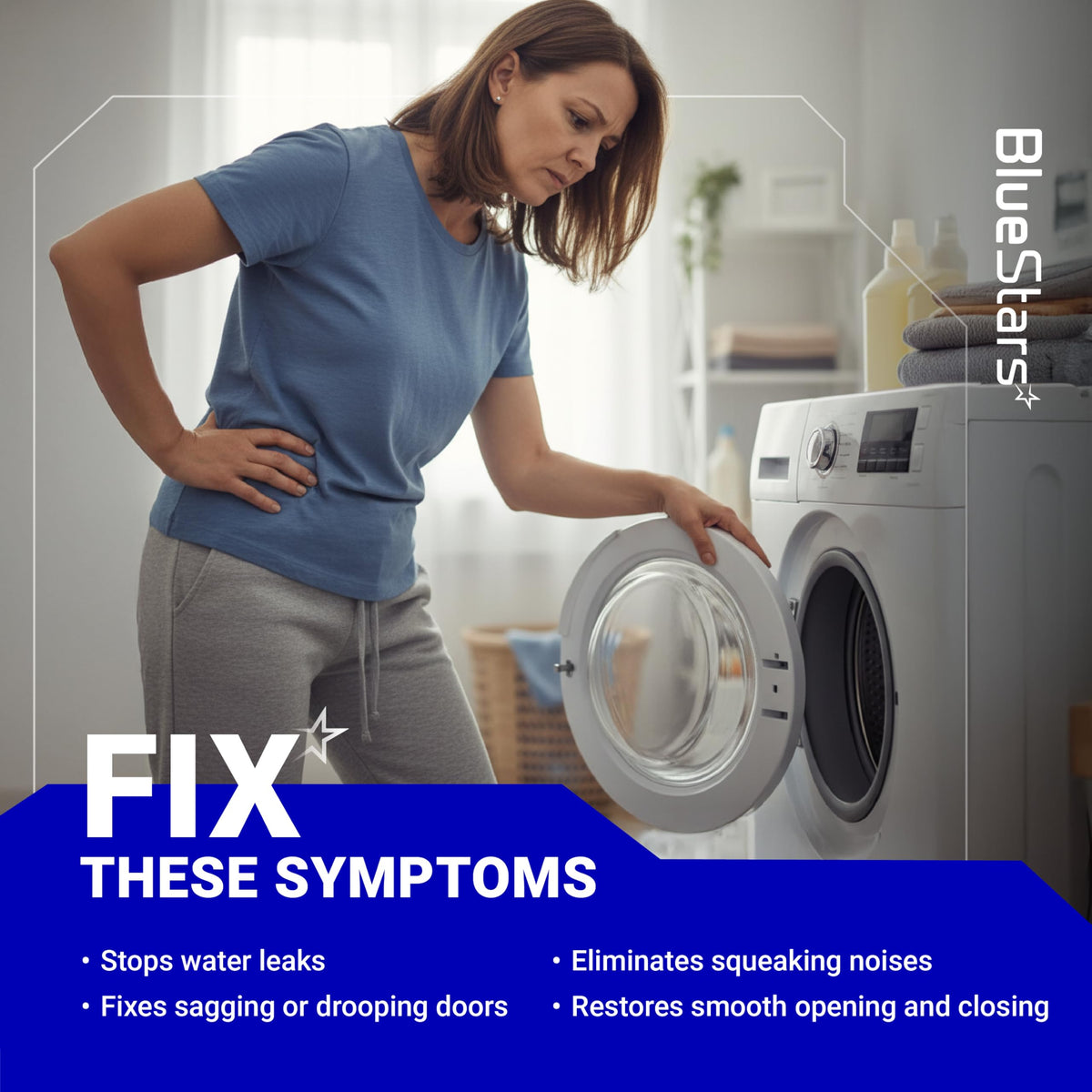 Woman inspecting a front-load washer door to demonstrate W10208415 door hinge repair benefits.