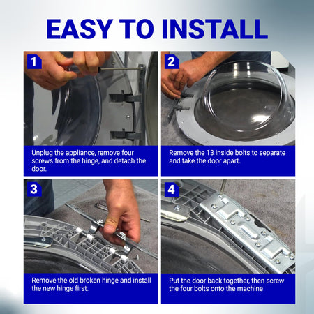 Four-step installation guide for W10208415 dryer and washer door hinge replacement.