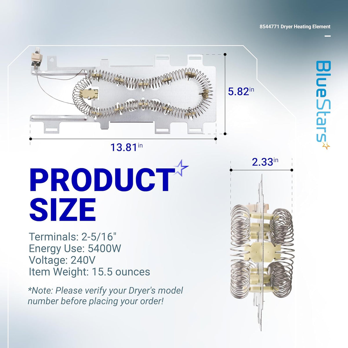 Dimensional diagram of 8544771 dryer heating element showing product size and specifications.