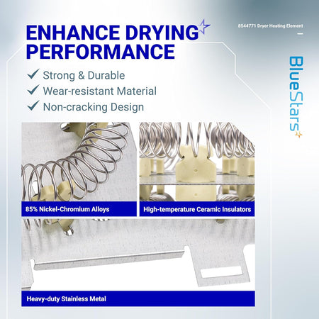 Infographic showing durable materials and ceramic insulators for 8544771 dryer heating element.