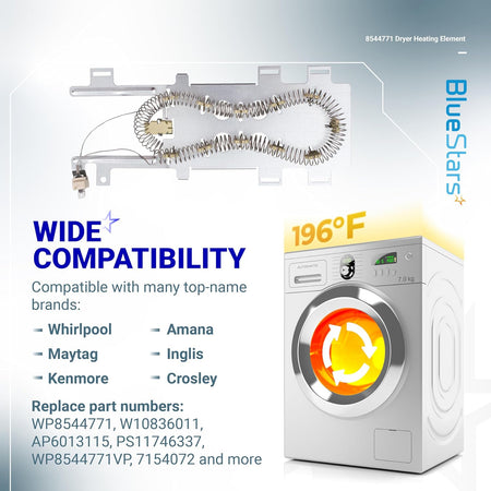 8544771 dryer heating element replacement part with compatibility information for Whirlpool, Kenmore, and Maytag dryers.