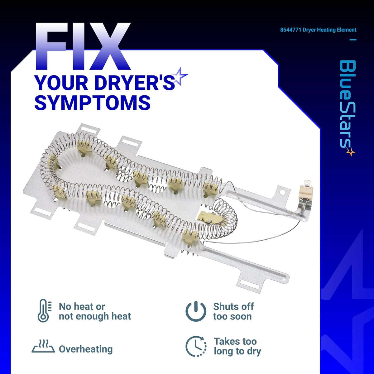 8544771 dryer heating element replacement part for Whirlpool, Kenmore, and Maytag dryers with troubleshooting icons.