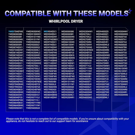 Compatibility chart for 8544771 dryer heating element listing Whirlpool dryer model numbers.