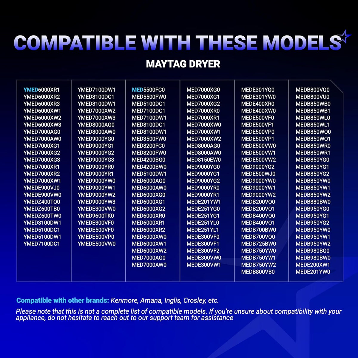 Compatibility chart for 8544771 dryer heating element listing compatible Maytag dryer model numbers.
