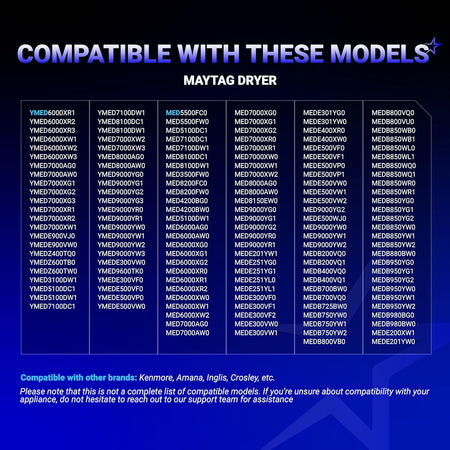 Compatibility chart for 8544771 dryer heating element listing compatible Maytag dryer model numbers.