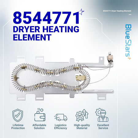 8544771 dryer heating element replacement for Whirlpool, Kenmore, and Maytag dryers on a branded product info graphic.