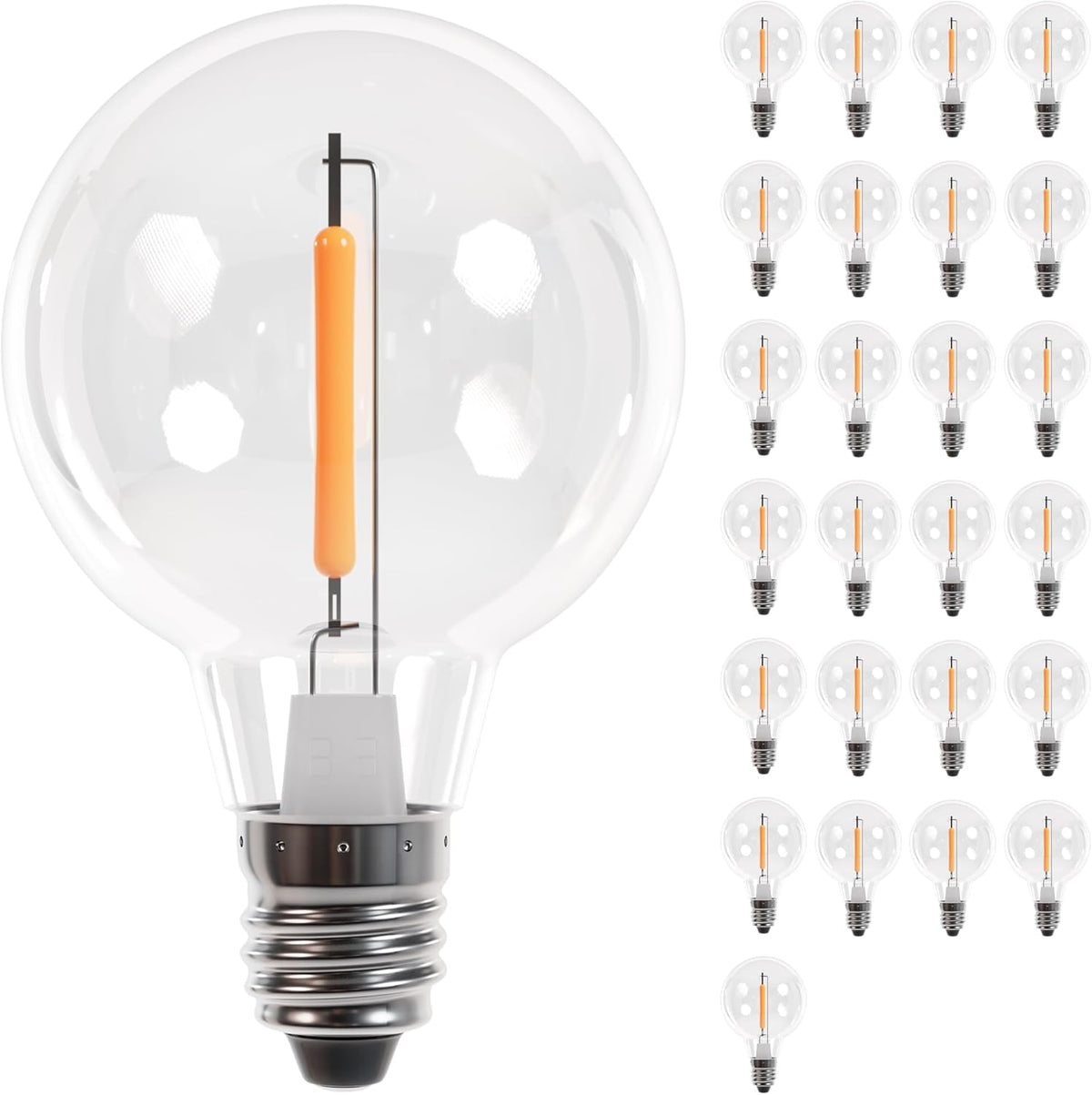 Pack of 25 G40 LED globe light bulbs with E12 screw base and 1W warm white filament.