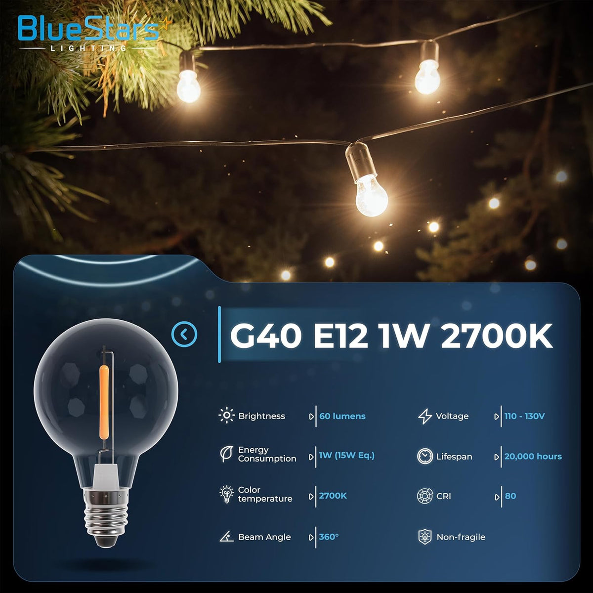 G40 LED globe bulb with E12 base and technical specification infographic showing 1W power and 2700K color temperature.