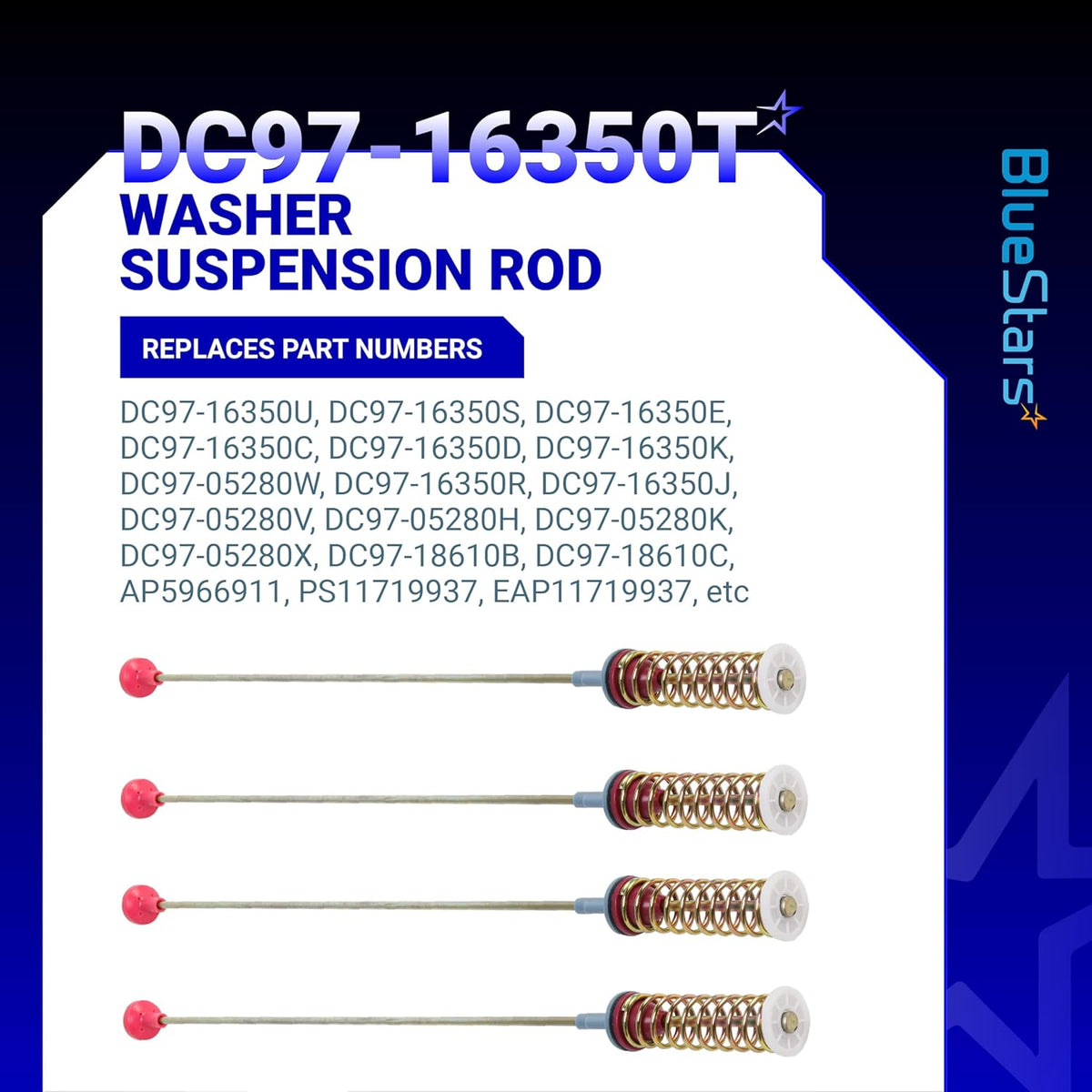 Set of 4 Samsung washer suspension rods DC97-16350T with replacement part numbers listed on infographic.