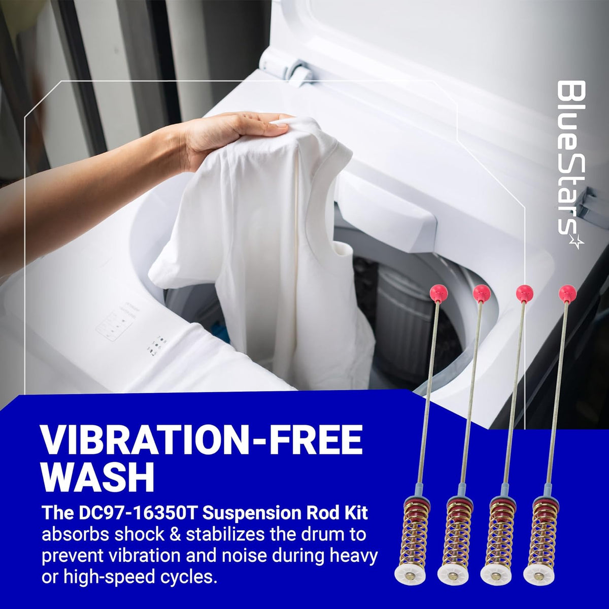Set of 4 DC97-16350T suspension rods for Samsung top load washers to reduce vibration and stabilize the drum.