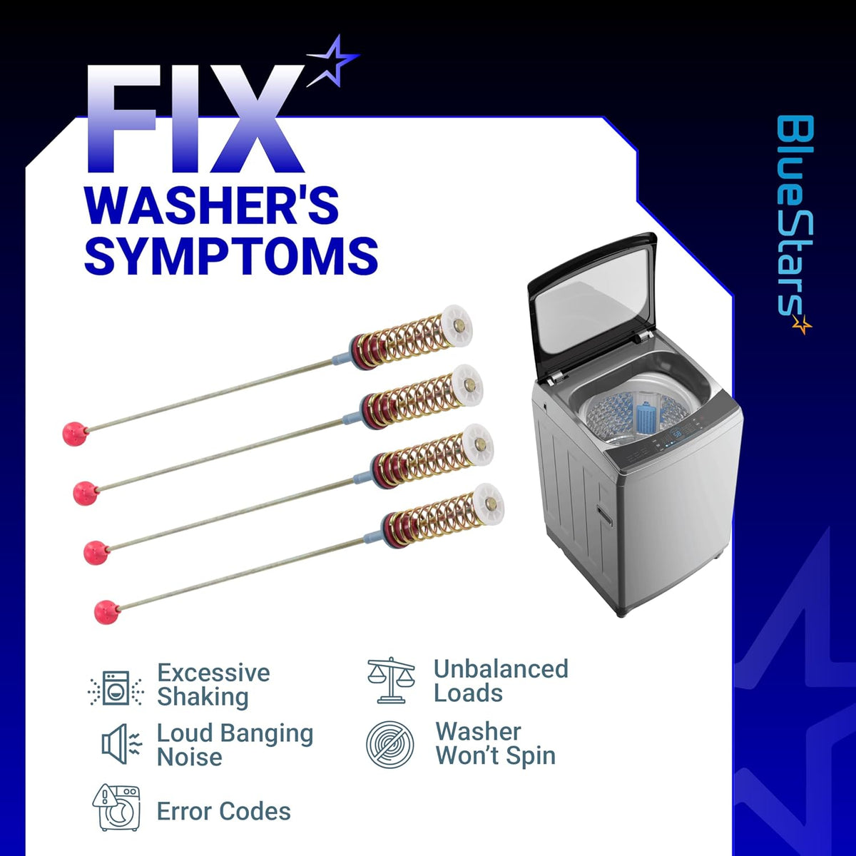Set of 4 Samsung washer suspension rods showing common repair symptoms like shaking and unbalanced loads.