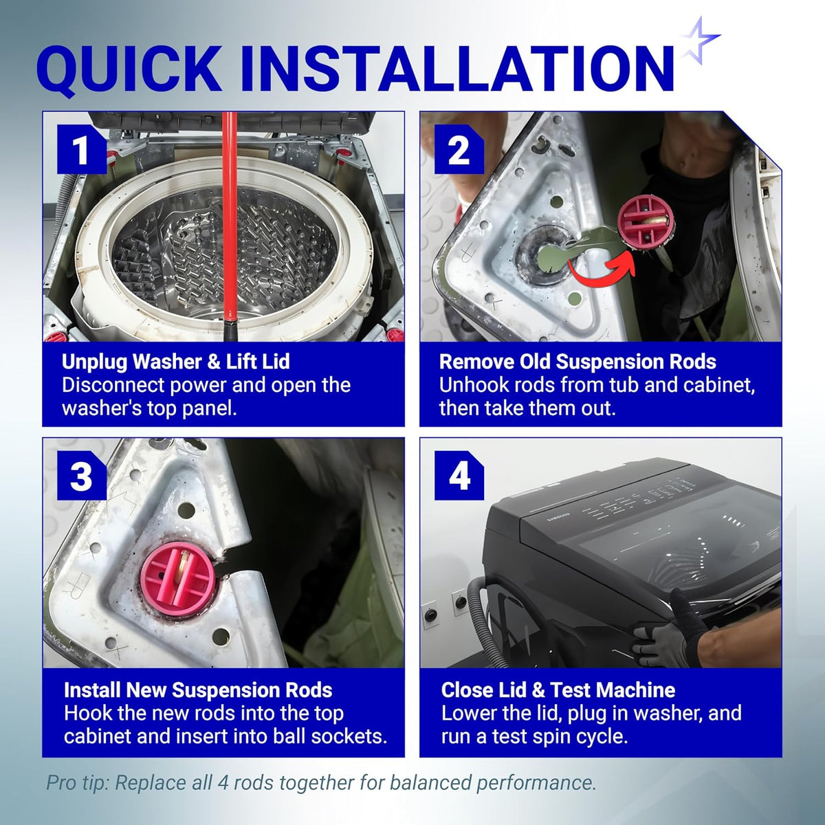 Four-step installation guide for Samsung washer suspension rods showing removal and replacement process.