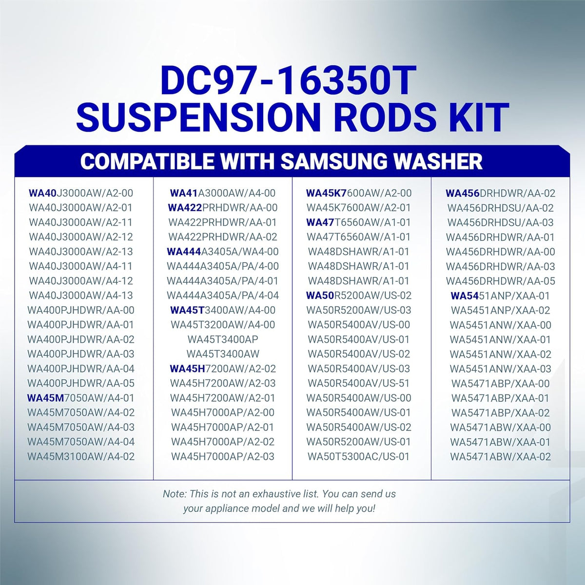 Compatibility chart for DC97-16350T suspension rod kit for Samsung top load washers.