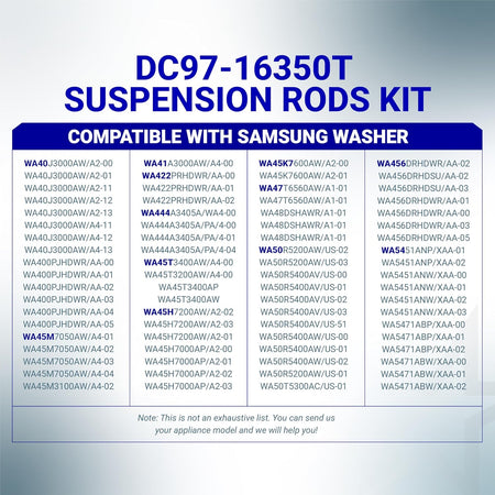 Compatibility chart for DC97-16350T suspension rod kit for Samsung top load washers.