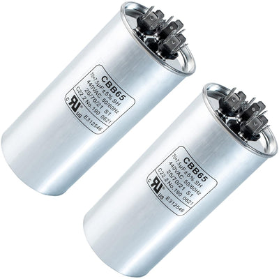 Two 70+7.5 uF MFD 370/440 VAC round dual run capacitors for air conditioner and heat pump condensers.