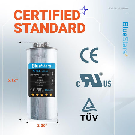 Single 70+7.5 uF 370/440 VAC round dual run capacitor with 5.12-inch height and 2.36-inch diameter dimensions.