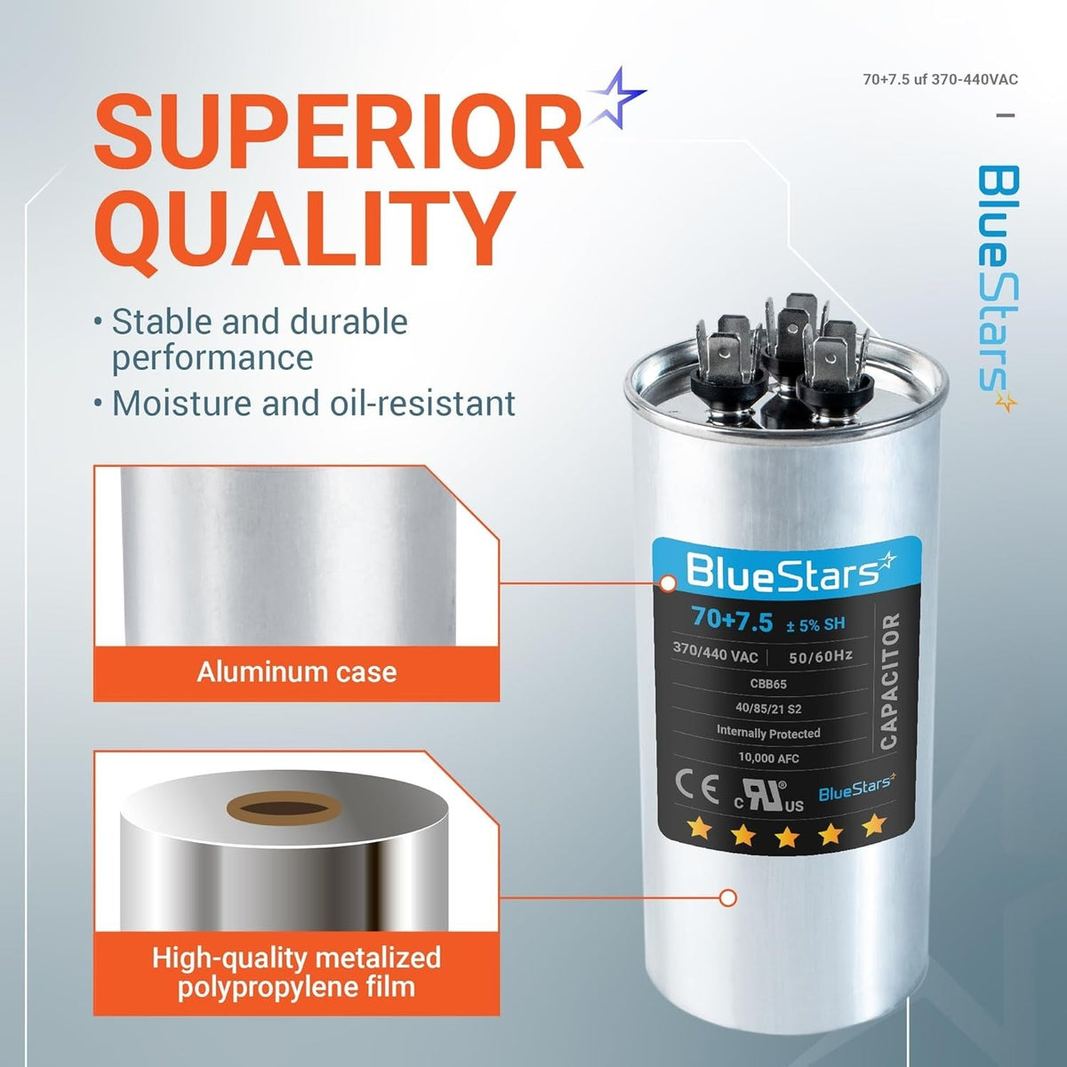 BlueStars 70+7.5 MFD 370/440 VAC round dual run capacitor with aluminum case and polypropylene film construction.