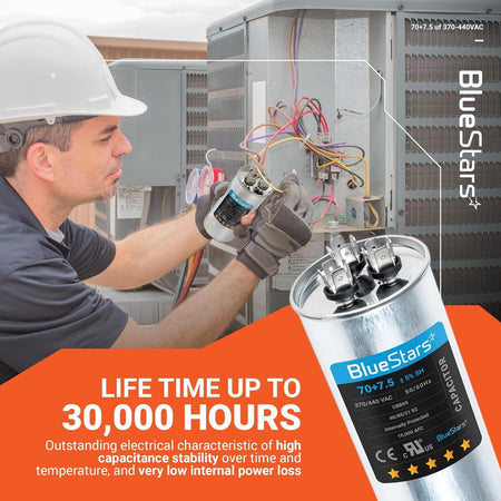 Technician installing a 70+7.5 uF 370/440 VAC round dual run capacitor in an air conditioner condenser unit.