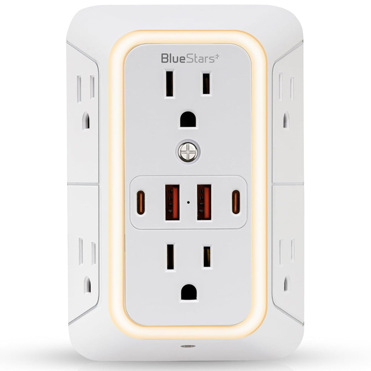 White wall mount power strip with 6 AC outlets, 4 USB ports, and integrated LED night light.