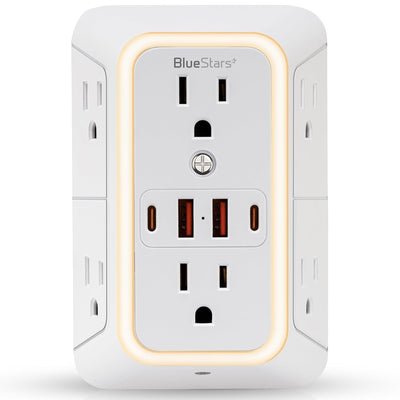 White wall mount power strip with 6 AC outlets, 4 USB ports, and integrated LED night light.