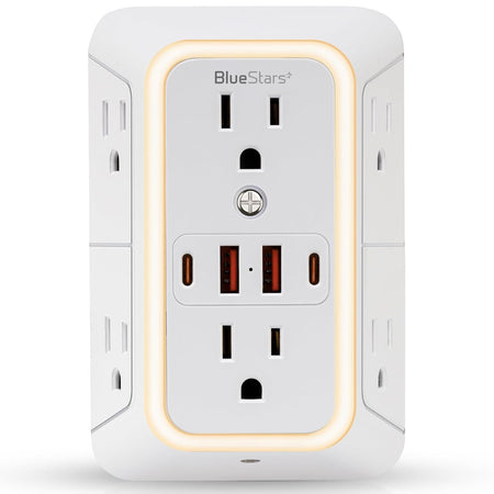 White wall mount power strip with 6 AC outlets, 4 USB ports, and integrated LED night light.