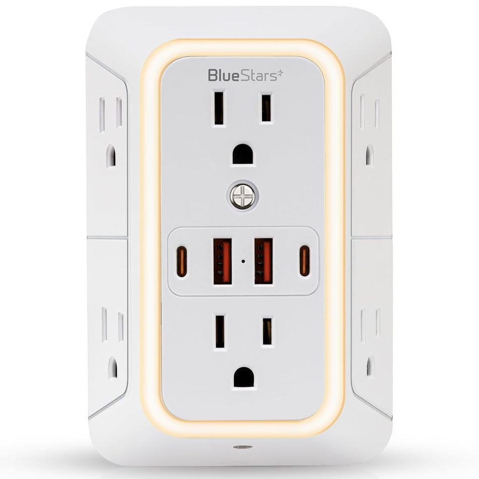 White wall mount power strip with 6 AC outlets, 4 USB ports, and integrated LED night light.