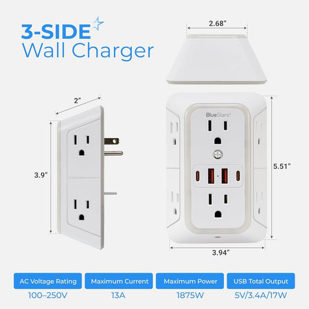 Dimensional diagram of 3-side wall mount power strip with 6 outlets and 4 USB ports showing product measurements.