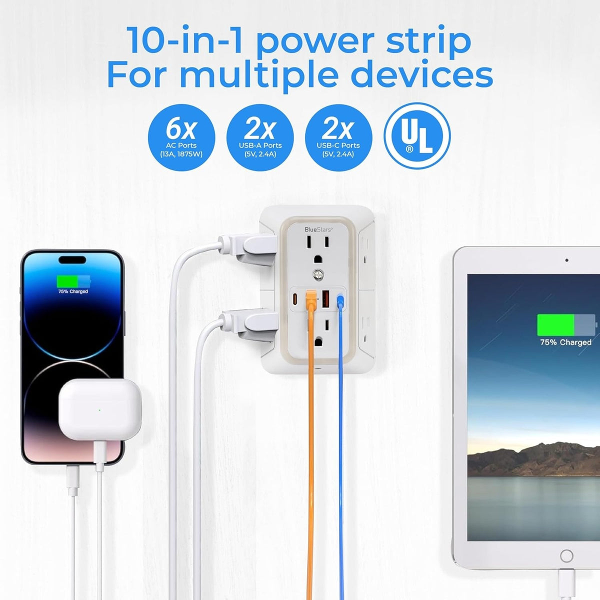 Infographic showing 10-in-1 wall mount power strip with 6 AC outlets and 4 USB ports charging phone and tablet devices.