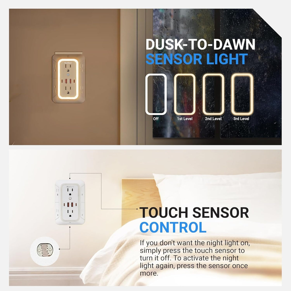 Wall mount power strip with dusk-to-dawn sensor light and touch control settings for brightness levels.