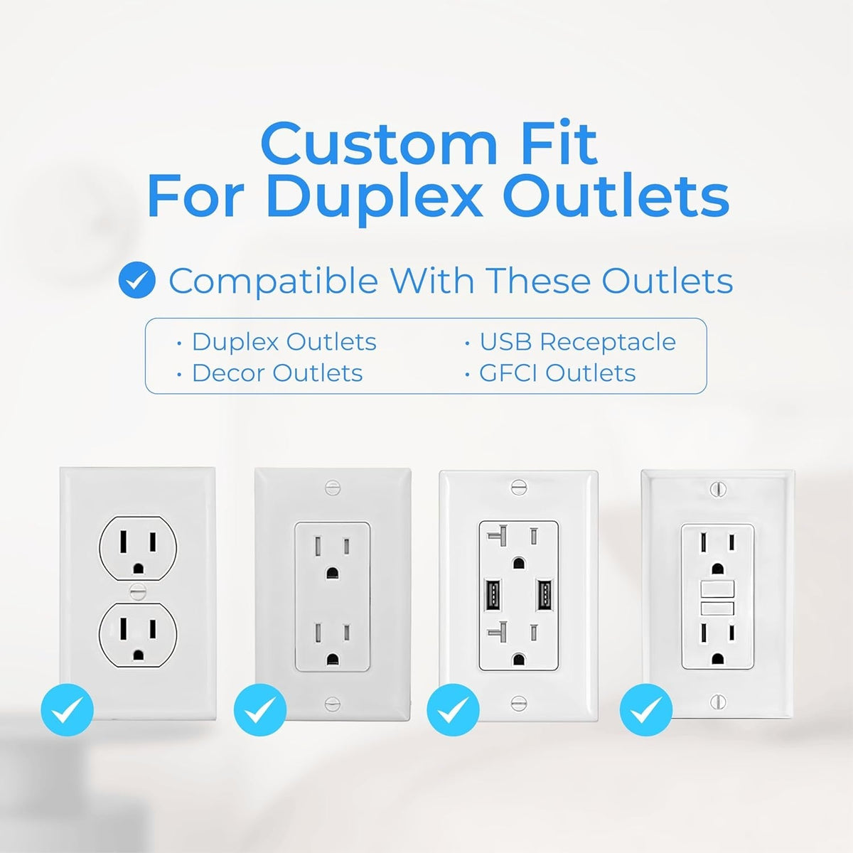 Wall mount power strip compatibility chart showing duplex, decor, USB, and GFCI outlet types.