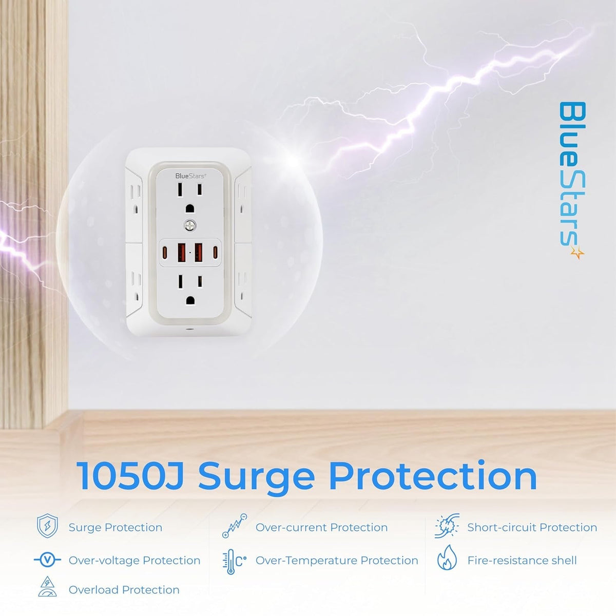 Wall mount power strip with 1050J surge protection and safety features diagram.