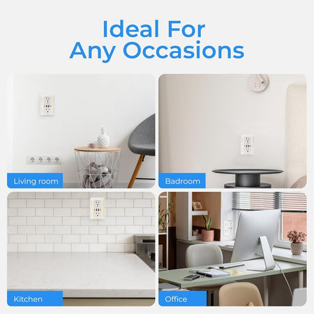 Wall mount power strip with 6 outlets and 4 USB ports shown installed in living room, bedroom, kitchen, and office.