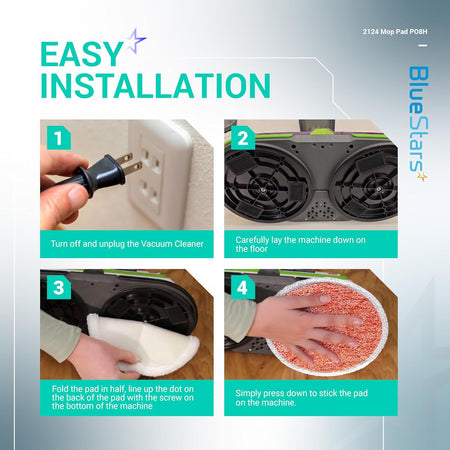 Instructional graphic showing steps to install replacement mop pads on a Bissell Spinwave hard floor cleaner.