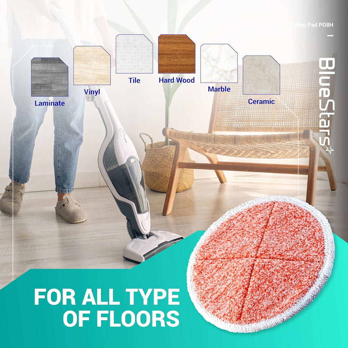 Orange heavy scrub replacement mop pad for Bissell Spinwave cleaners shown with various floor type compatibility.