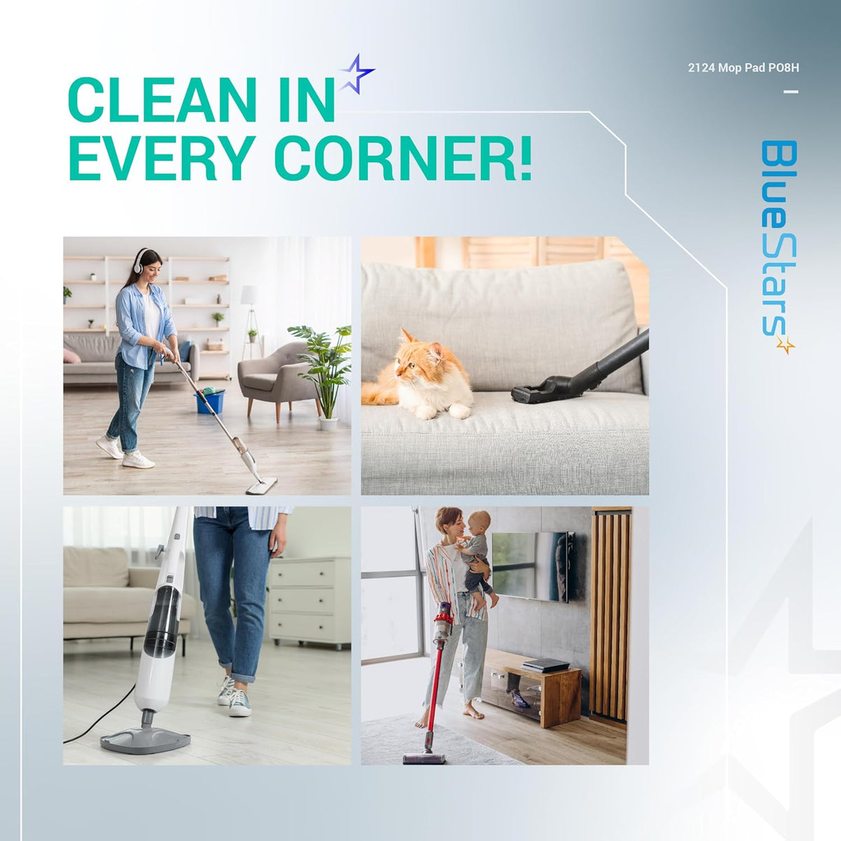 Lifestyle collage showing Bissell Spinwave mop cleaners in use for hard floor maintenance.