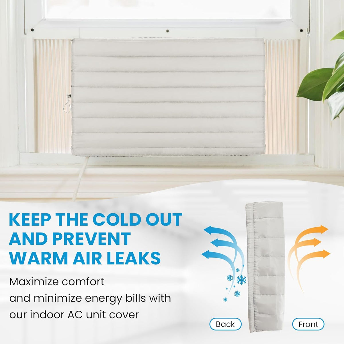 White indoor window air conditioner cover installed on a unit with an infographic showing back and front views.