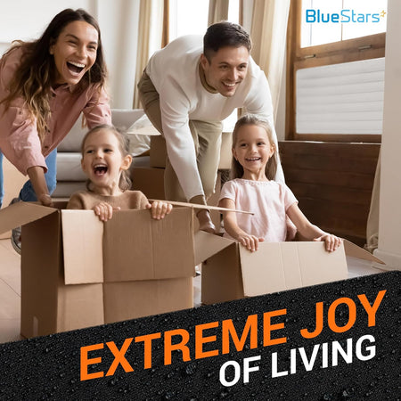 Family playing with cardboard boxes in a room with a white indoor window air conditioner cover installed.