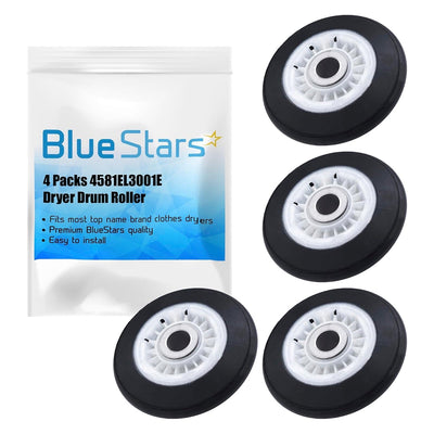 Pack of four 4581EL3001E dryer drum rollers for LG and Kenmore dryers with Blue Stars branded packaging.