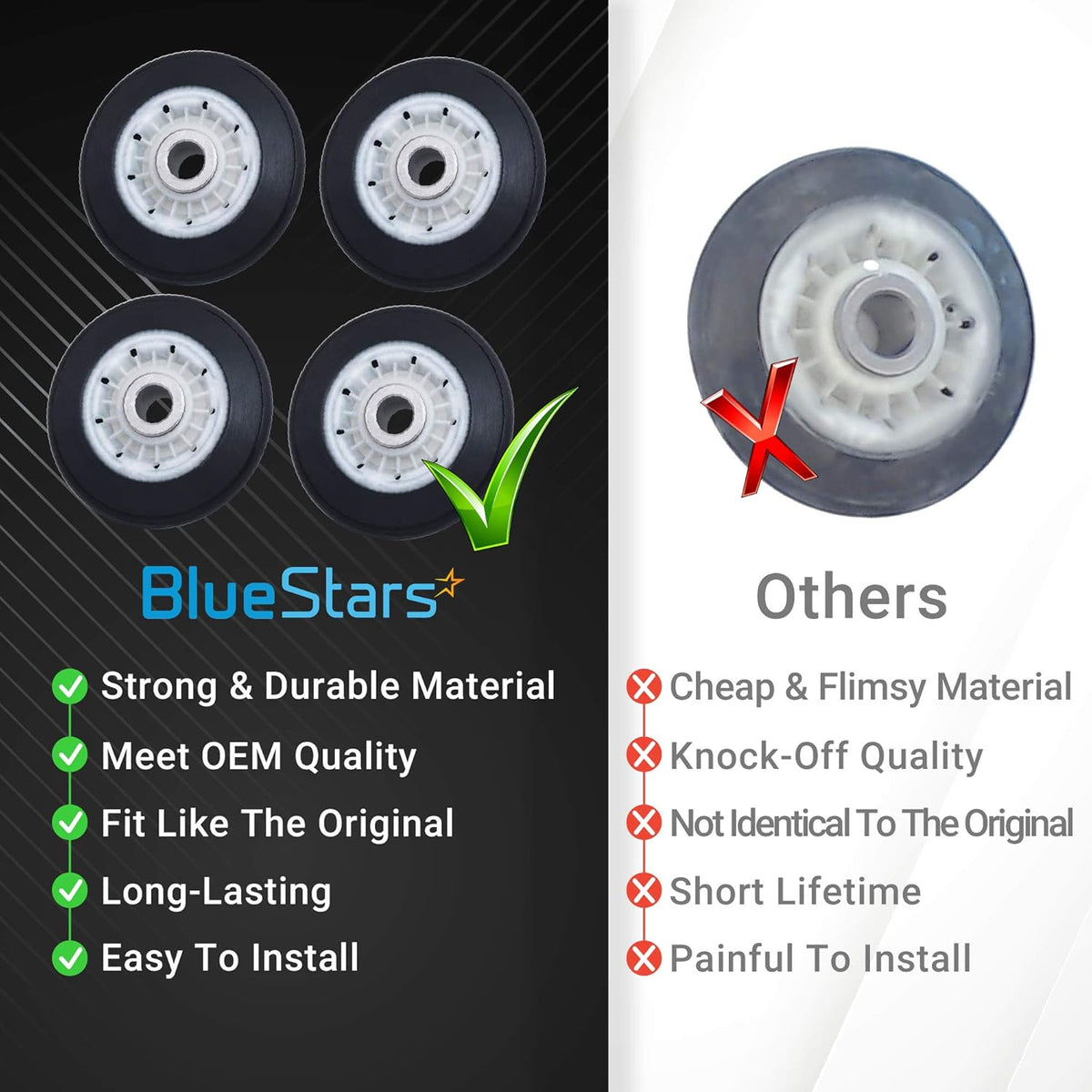 Comparison chart showing four BlueStars dryer drum rollers versus a generic alternative for LG and Kenmore dryers.