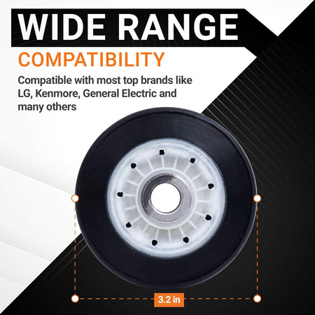 Close-up of 4581EL3001E dryer drum roller showing 3.2-inch diameter and wide compatibility for LG and Kenmore dryers.